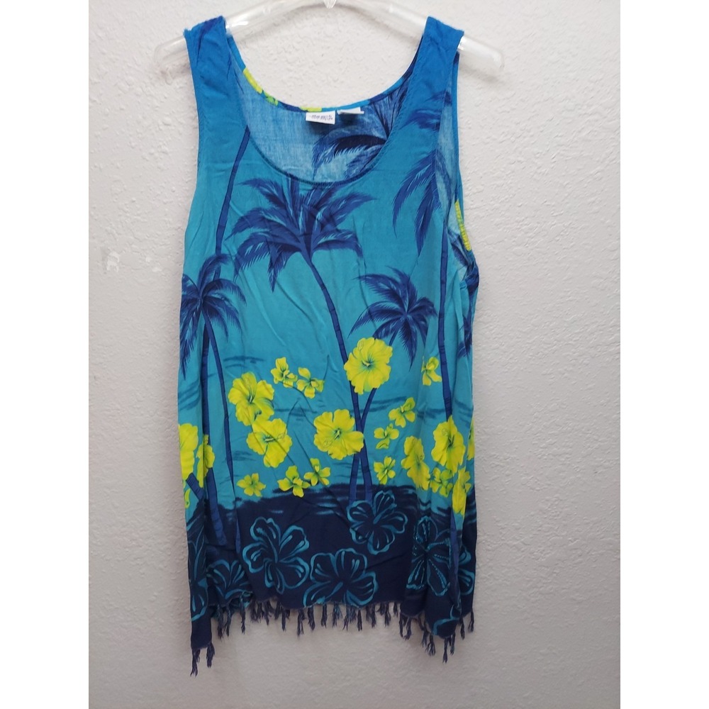 Beach Cabana Cover Up Womens 3X Blue Tropical Palms Pullover Dress Fringe Cruise